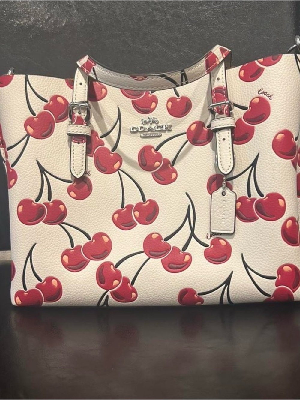 Coach White Leather Tote with Red Cherry Print